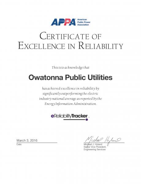 Owatonna Public Utilities Certificate